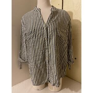 Anne Klein Women's Button Down Blouse Gold Stripe Textured Shirt‎